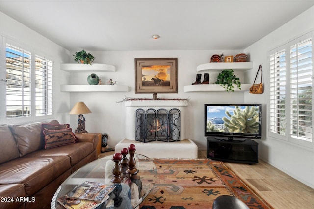 living room featuring plenty of natural light and light hardwood / wood-style floors