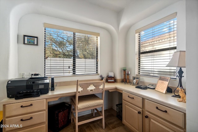 office space with dark hardwood / wood-style flooring and built in desk