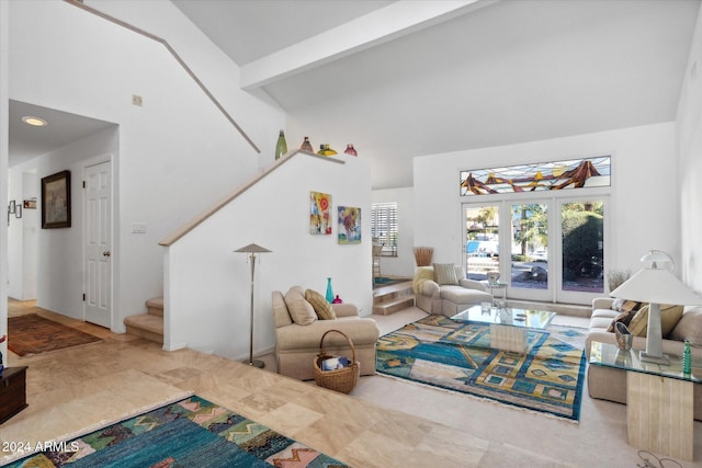 living room with french doors, high vaulted ceiling, and beamed ceiling