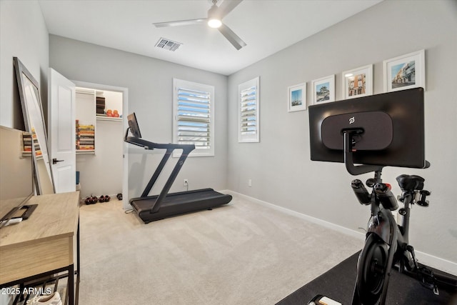 exercise area with ceiling fan and carpet