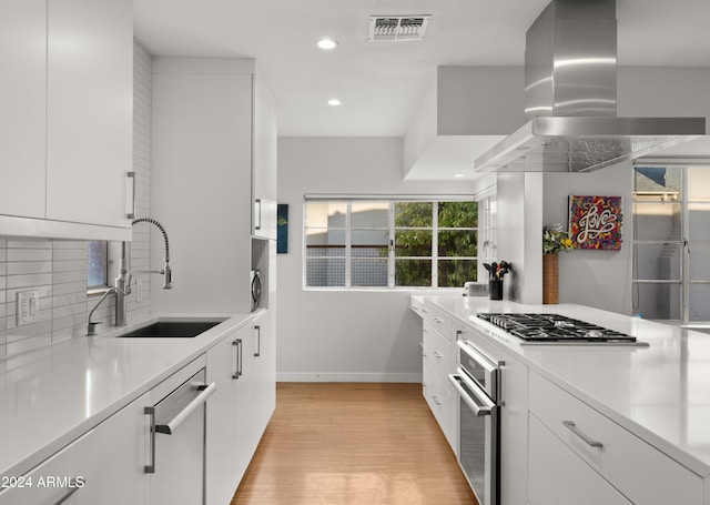 kitchen with white cabinets, appliances with stainless steel finishes, light hardwood / wood-style floors, sink, and island exhaust hood