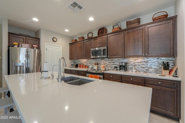 kitchen featuring decorative backsplash, stainless steel appliances, a kitchen island with sink, and sink