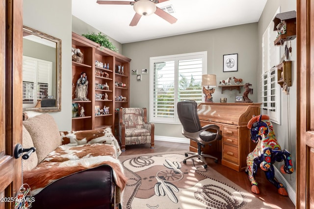 office area featuring hardwood / wood-style flooring and ceiling fan