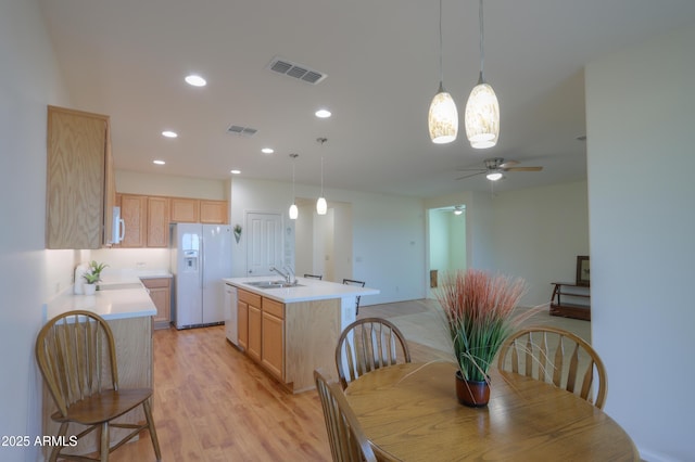 dining room featuring ceiling fan, sink, and light hardwood / wood-style floors