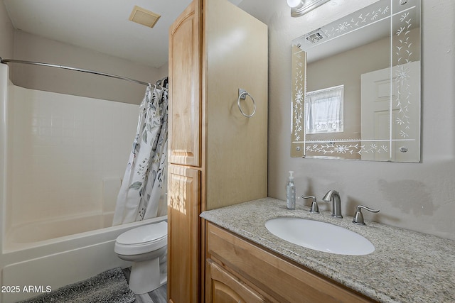 full bath with toilet, visible vents, shower / bath combo, and vanity