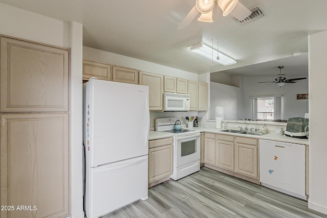 kitchen with a sink, a ceiling fan, white appliances, and visible vents