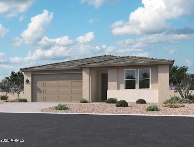 view of front of house with a garage, concrete driveway, and stucco siding