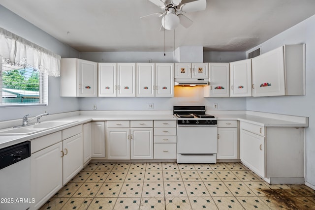 312 W Saddle Ln, Payson, AZ 85541 - kitchen with white gas stove, dishwashing machine, under cabinet range hood, ceiling fan, and white cabinets