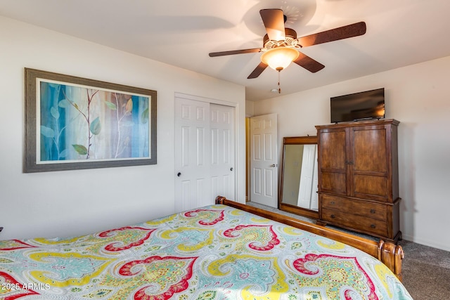 carpeted bedroom with ceiling fan and a closet