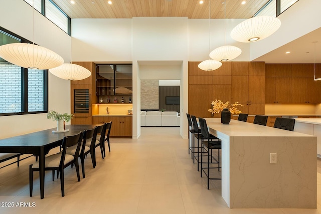 kitchen with brown cabinetry, a healthy amount of sunlight, and a high ceiling