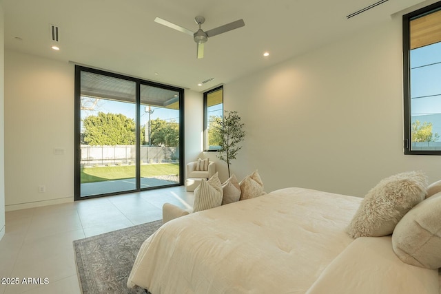 tiled bedroom with visible vents, baseboards, recessed lighting, access to exterior, and floor to ceiling windows