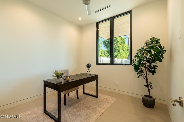 home office featuring light tile patterned floors, visible vents, baseboards, and recessed lighting