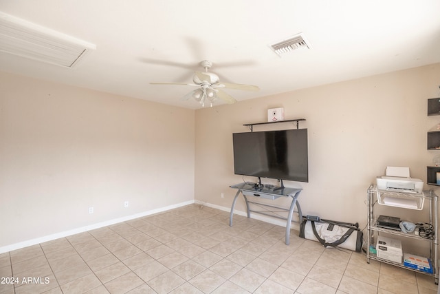 living room with light tile patterned floors and ceiling fan