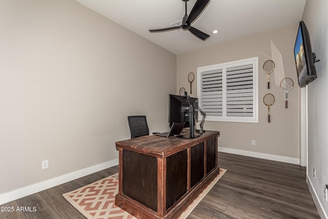 office space with ceiling fan and dark hardwood / wood-style floors