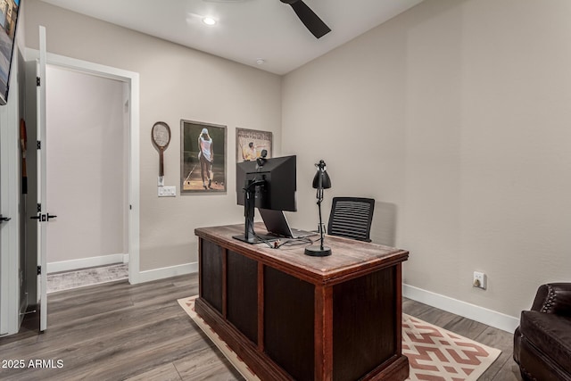 home office featuring ceiling fan and wood-type flooring