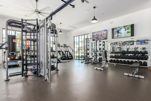 workout area featuring ceiling fan