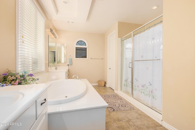 bathroom featuring vanity, tile patterned floors, and a shower with curtain