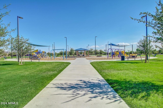 view of jungle gym with a yard and a gazebo