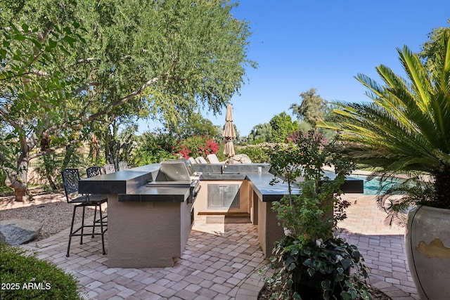 view of patio / terrace featuring a grill, an outdoor kitchen, and outdoor wet bar