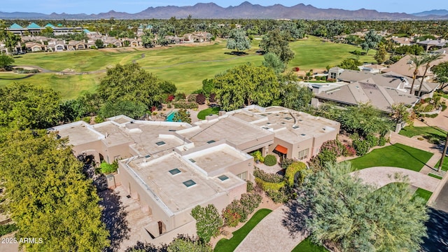 bird's eye view featuring view of golf course, a residential view, and a mountain view