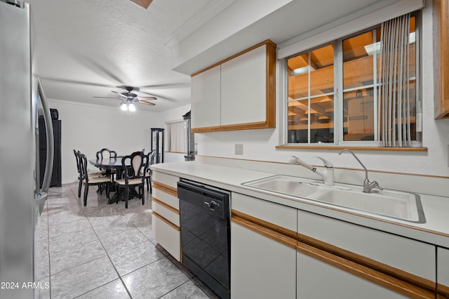 6415 W Roosevelt St, Phoenix, AZ 85043 - kitchen featuring dishwasher, a sink, ceiling fan, ornamental molding, and freestanding refrigerator