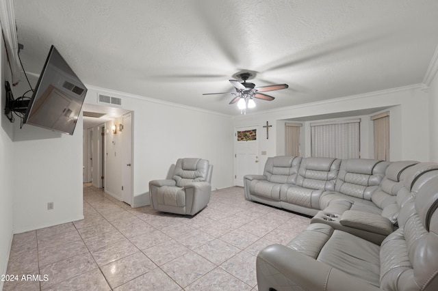 6415 W Roosevelt St, Phoenix, AZ 85043 - living area featuring ceiling fan, crown molding, a textured ceiling, and light tile patterned floors