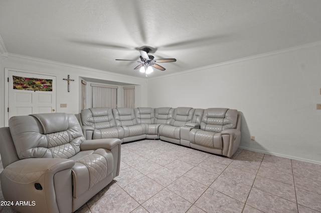 6415 W Roosevelt St, Phoenix, AZ 85043 - living area featuring a ceiling fan, crown molding, light tile patterned floors, baseboards, and a textured ceiling