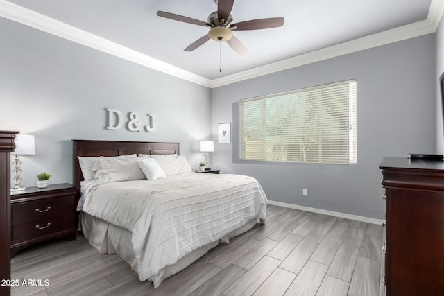 bedroom featuring a ceiling fan, crown molding, light wood-style floors, and baseboards