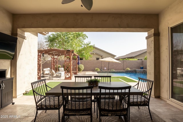 view of patio / terrace with a pergola, a fenced backyard, outdoor dining area, a fenced in pool, and ceiling fan