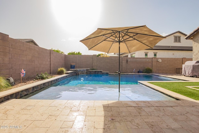 view of pool featuring a fenced in pool, a patio, and a fenced backyard