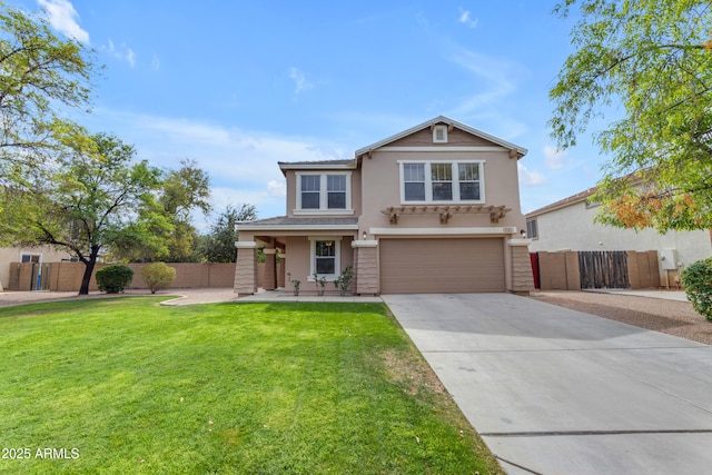 traditional home featuring driveway, a front yard, fence, and stucco siding