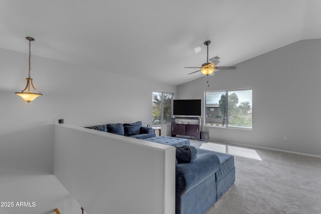 living room featuring baseboards, visible vents, lofted ceiling, ceiling fan, and carpet flooring