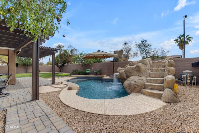 view of pool with a fenced in pool, a patio area, a fenced backyard, and a pergola