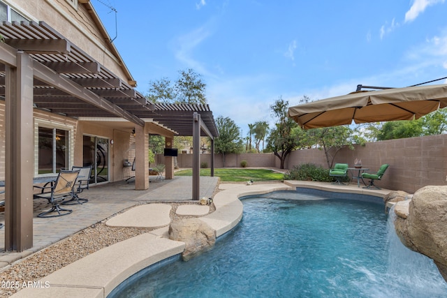 view of swimming pool with a fenced in pool, a patio area, a fenced backyard, and a pergola