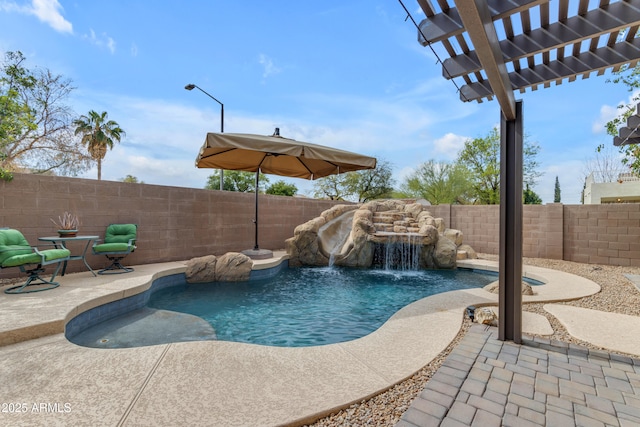 view of pool with a fenced in pool, a fenced backyard, a patio, and a pergola