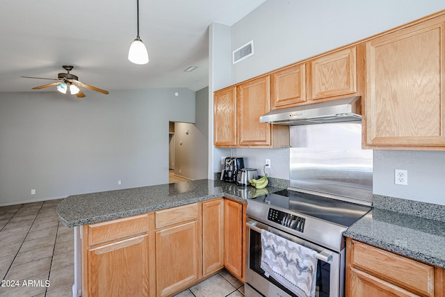 kitchen with range, kitchen peninsula, ceiling fan, light tile flooring, and vaulted ceiling