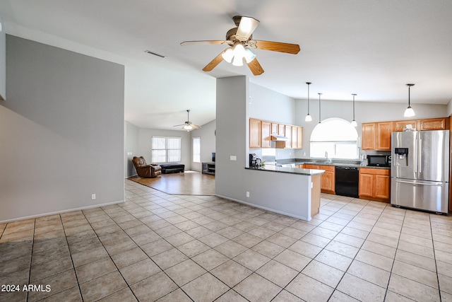 kitchen with light tile flooring, plenty of natural light, ceiling fan, and black appliances