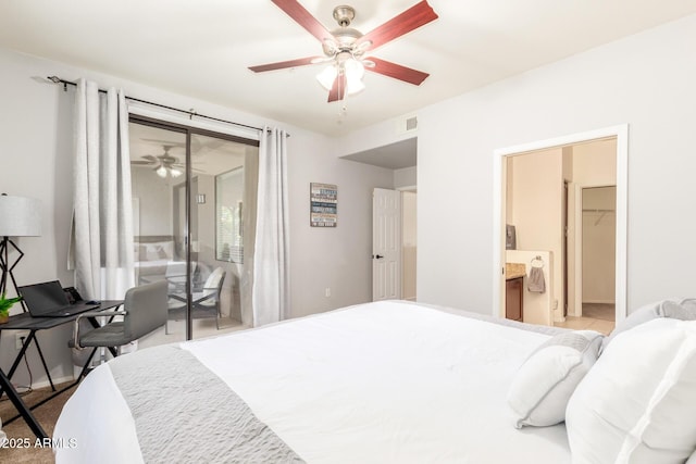 bedroom featuring visible vents, ceiling fan, and access to outside