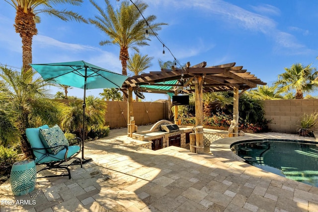 view of swimming pool with a pergola, a patio area, a fenced backyard, a fenced in pool, and area for grilling