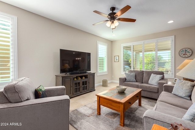 living room with ceiling fan