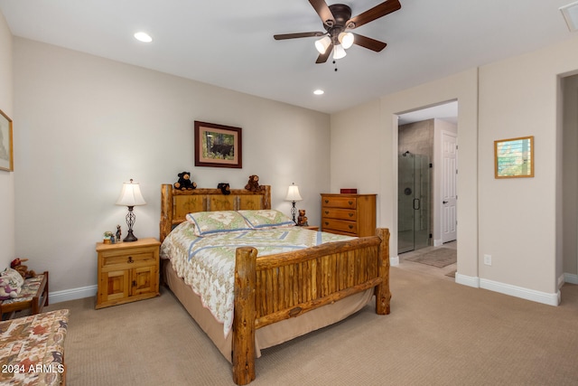 bedroom with ceiling fan and light colored carpet