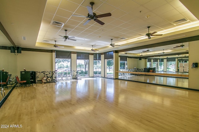 workout room with a drop ceiling, light hardwood / wood-style flooring, a tray ceiling, and a wealth of natural light