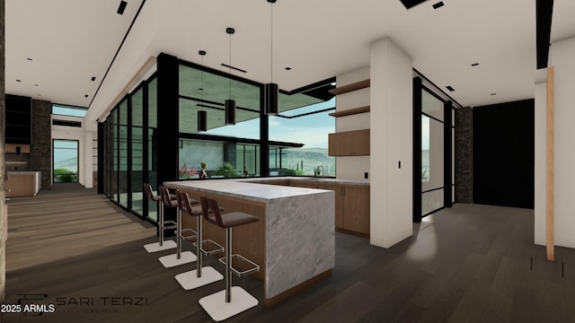 kitchen with dark wood-style floors, floor to ceiling windows, and open shelves