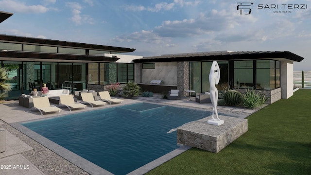 rear view of property featuring an outdoor pool, a patio, and a lawn