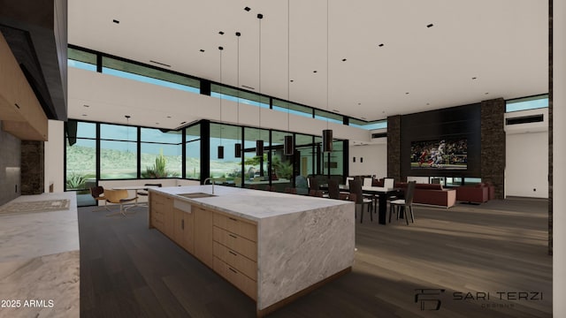 kitchen with dark wood-type flooring, light brown cabinets, modern cabinets, and a sink