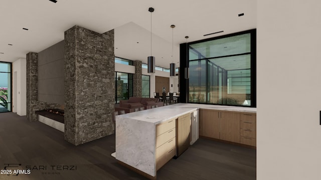 kitchen with light brown cabinetry, open floor plan, dark wood-style flooring, and floor to ceiling windows