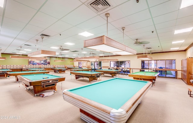 game room with ceiling fan, light carpet, pool table, and a drop ceiling