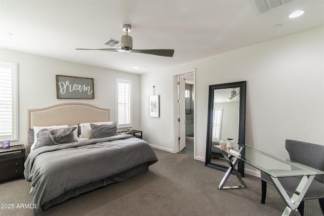 carpeted bedroom featuring recessed lighting, visible vents, baseboards, and ceiling fan