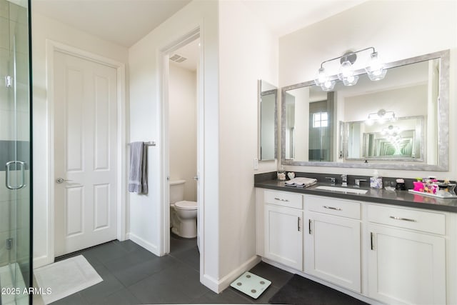 full bath with tile patterned flooring, visible vents, toilet, vanity, and a stall shower