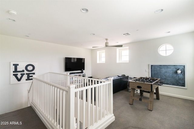 recreation room with recessed lighting, carpet floors, visible vents, and ceiling fan